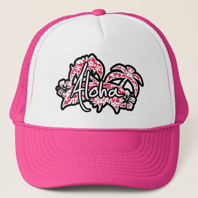 Tropical Fuschia Hibiscus; Aloha Trucker Hat (Front)