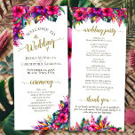 Tropical Garden Colourful Hibiscus Floral Wedding Program<br><div class="desc">This beautiful wedding program features an elegant tropical garden design with hibiscus flowers and bird of paradise in vibrant shades of hot pink, fuchsia, purple, and yellow, along with palm leaves and tropical greenery. The titles are written in fancy gold script calligraphy, and there is space for your ceremony and...</div>