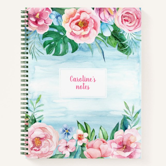 Tropical Garden Cute Pink Blue Floral Watercolor Notebook (Front)