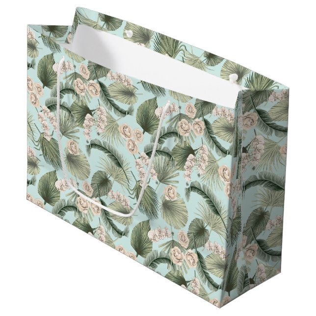 Tropical Garden Floral Orchid & Palm Pattern Large Gift Bag (Front Angled)