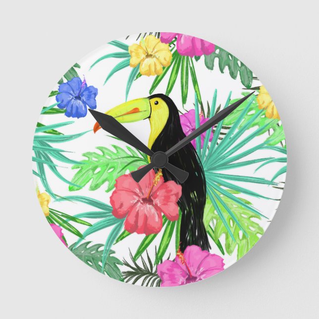 Tropical Garden Flowers with Parrot Round Clock (Front)
