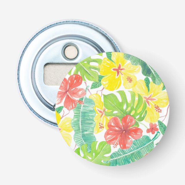 Tropical garden, hibiscus plumeria and palm leaves bottle opener (Front)