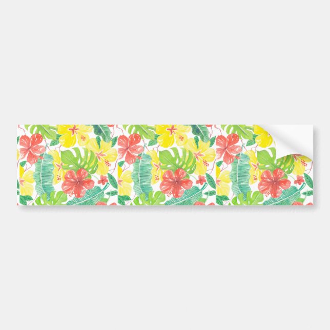 Tropical garden, hibiscus plumeria and palm leaves bumper sticker (Front)