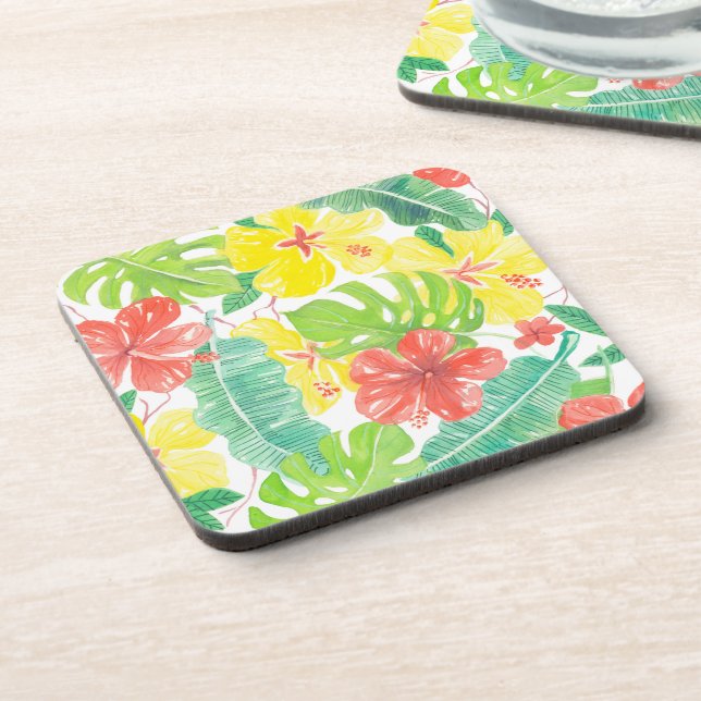 Tropical garden, hibiscus plumeria and palm leaves coaster (Left Side)