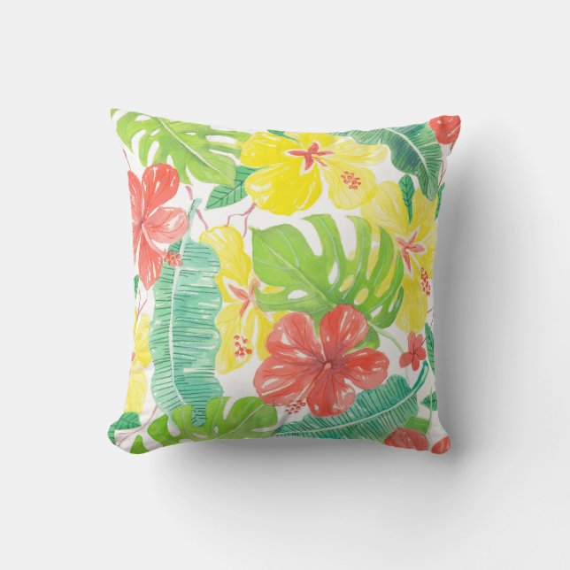 Tropical garden, hibiscus plumeria and palm leaves cushion (Front)