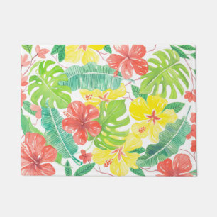 Tropical garden, hibiscus plumeria and palm leaves doormat