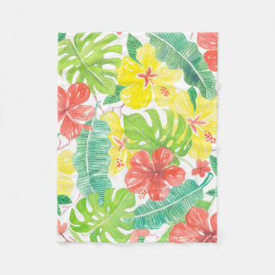 Tropical garden, hibiscus plumeria and palm leaves fleece blanket