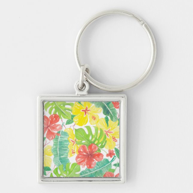 Tropical garden, hibiscus plumeria and palm leaves key ring (Front)