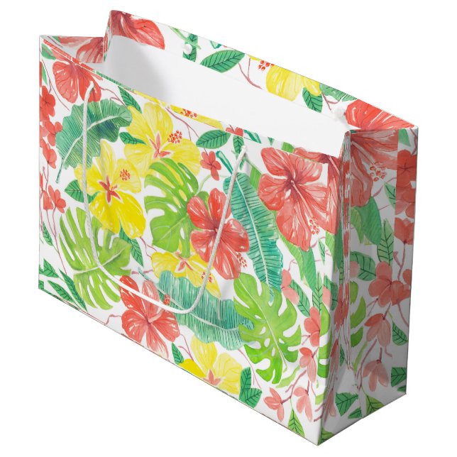 Tropical garden, hibiscus plumeria and palm leaves large gift bag (Front Angled)