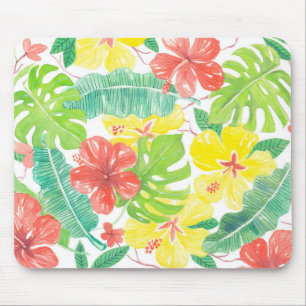 Tropical garden, hibiscus plumeria and palm leaves mouse pad