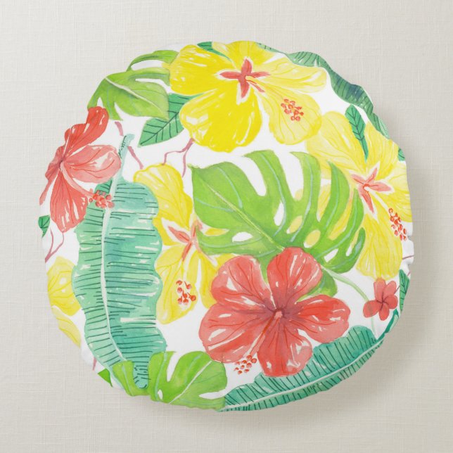 Tropical garden, hibiscus plumeria and palm leaves round cushion (Front)