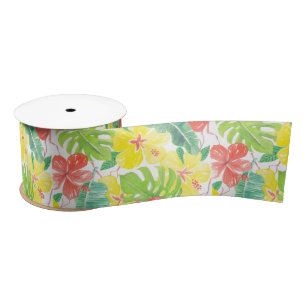 Tropical garden, hibiscus plumeria and palm leaves satin ribbon