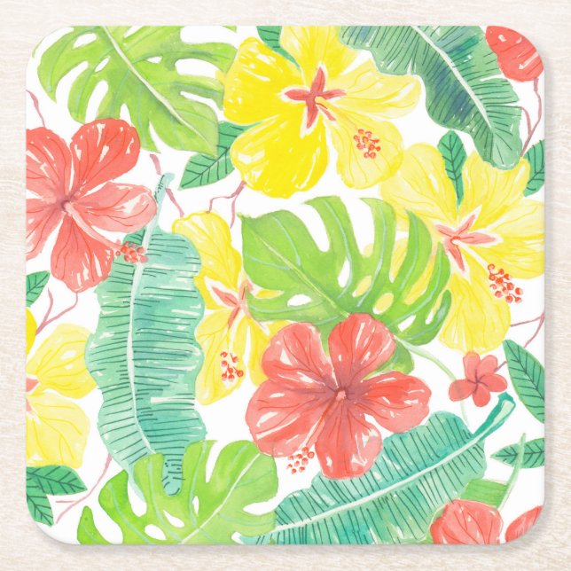 Tropical garden, hibiscus plumeria and palm leaves square paper coaster (Front)