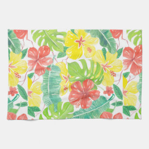 Tropical garden, hibiscus plumeria and palm leaves tea towel