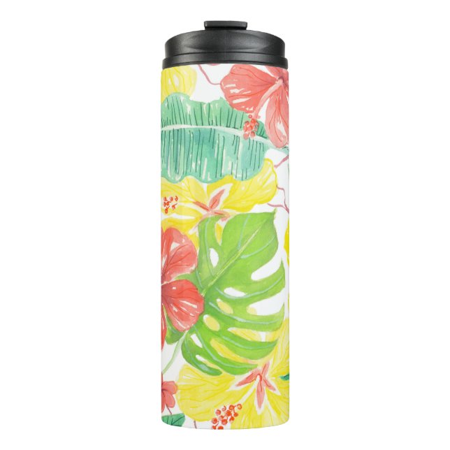 Tropical garden, hibiscus plumeria and palm leaves thermal tumbler (Front)