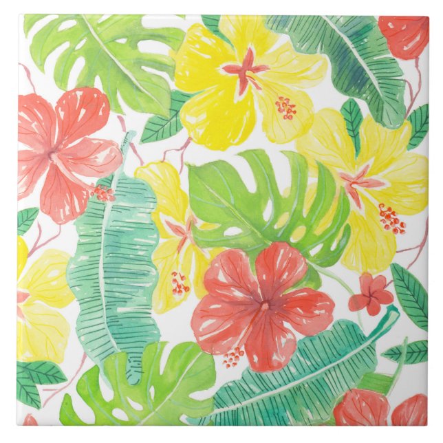 Tropical garden, hibiscus plumeria and palm leaves tile (Front)