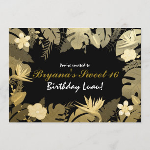 Tropical Garden Leaves Gold & Black Invitations