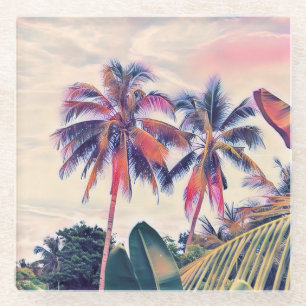 Tropical garden, sunset palm scene. glass coaster