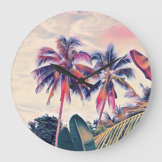 Tropical garden, sunset palm scene. large clock (Front)