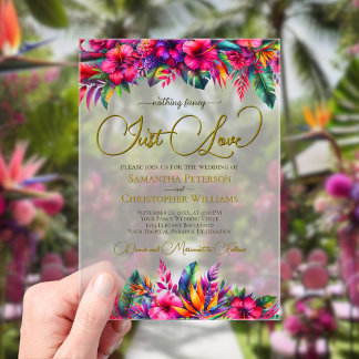 Tropical Garden Vibrant Hibiscus Just Love Wedding Acrylic Invitations