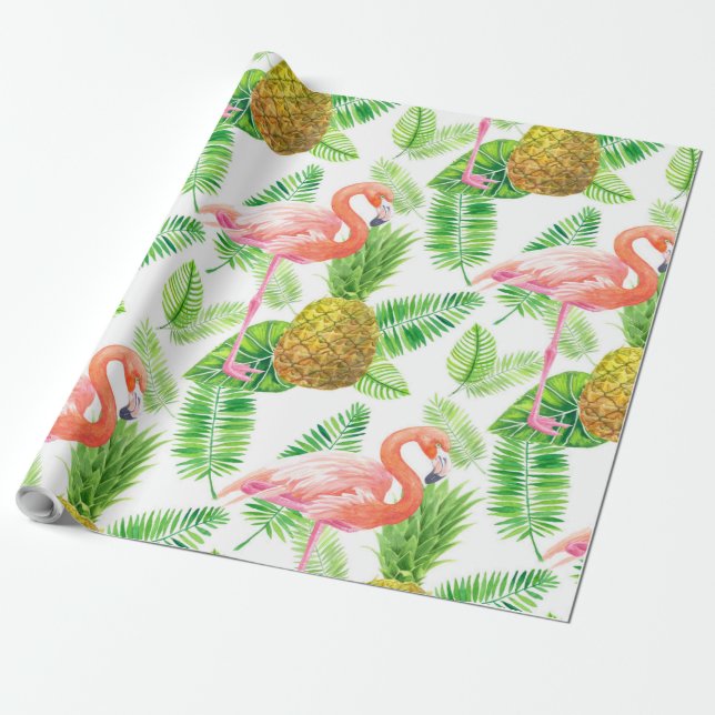 Tropical garden watercolor pattern wrapping paper (Unrolled)