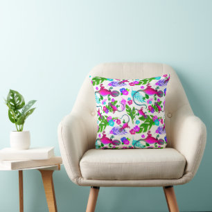 Tropical Geckos and Flowers in Pink and Green Cushion