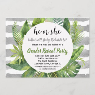 Tropical gender reveal invitations green grey