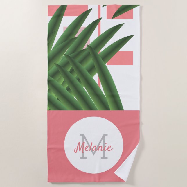 Tropical Geometric Palm Leaves Monogram Beach Towel (Front)