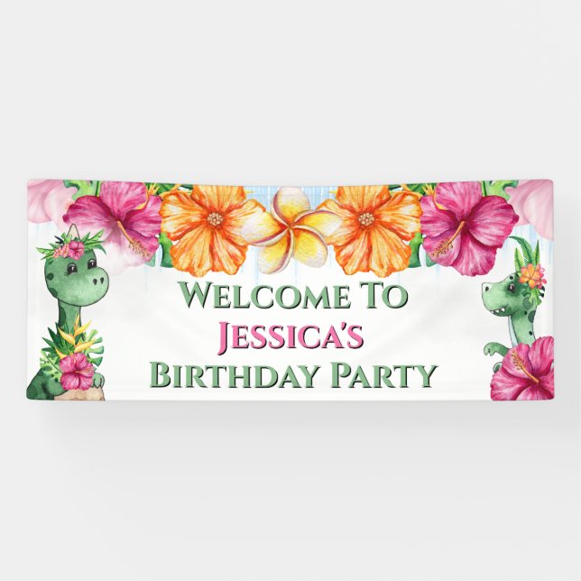 Tropical girl dinosaurs jungle flowers DIY wording Banner (Horizontal)