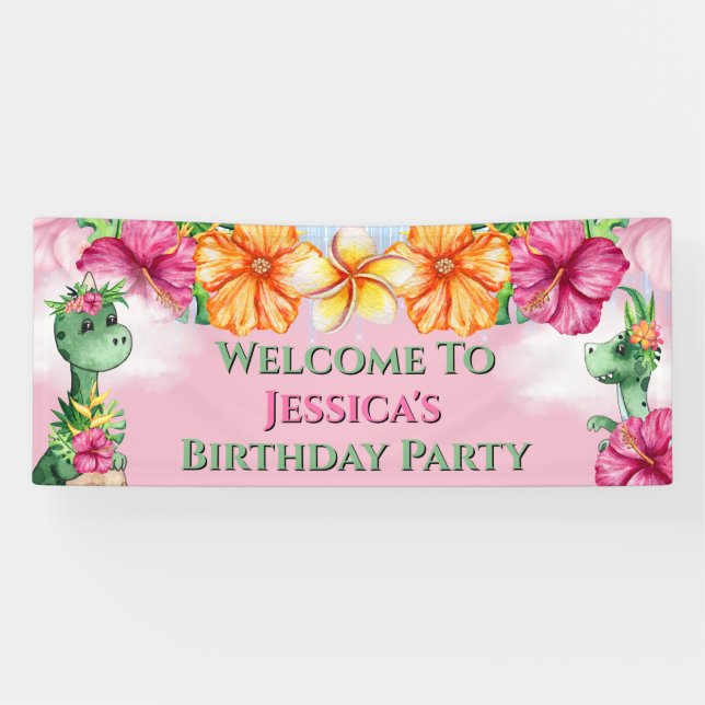 Tropical girl dinosaurs jungle flowers pink green banner (Horizontal)