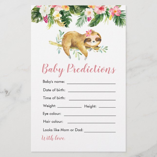 Tropical Girl Sloth Baby Shower Baby Predictions (Front)