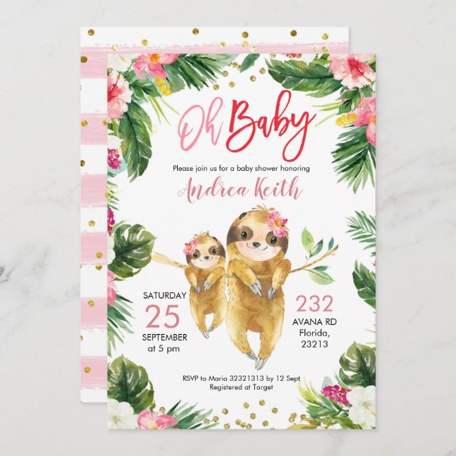 Tropical Girl Sloth Baby Shower Invitation (Front/Back)