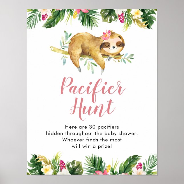Tropical Girl Sloth Baby Shower Pacifier Hunt Poster (Front)
