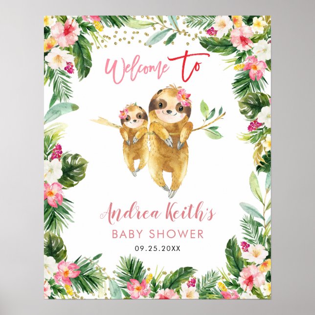Tropical Girl Sloth Baby Shower Welcome Sign (Front)