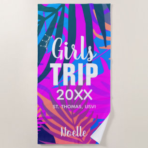 Tropical Girls Trip with Crown, Year, and Name Beach Towel