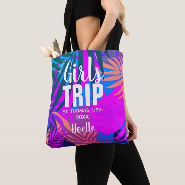 Tropical Girls Trip with Crown, Year, and Name Tote Bag (Close Up)