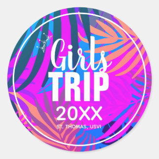 Tropical Girls Trip with Crown, Year, & Name Classic Round Sticker