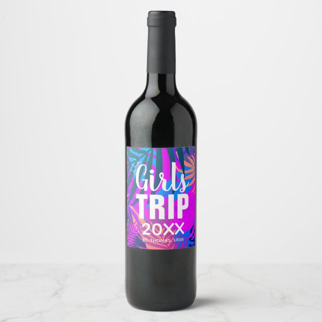 Tropical Girls Trip with Crown, Year, & Name Wine Label (Front)