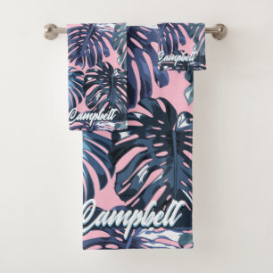 Tropical Girly Blue Pink Palm Leaves Name Bath Towel Set