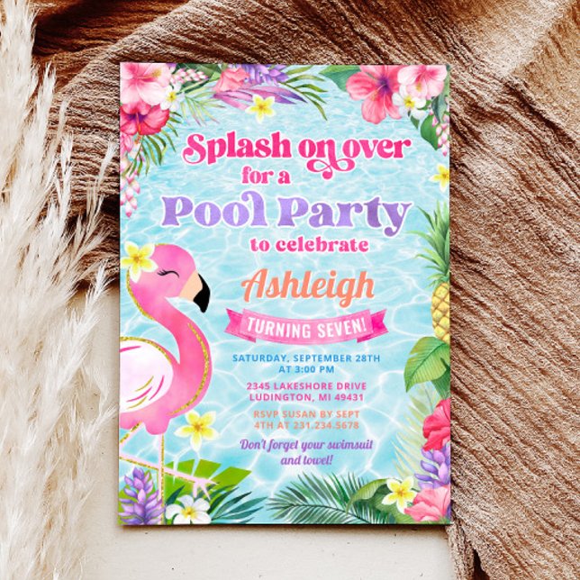 Tropical Girly Pool Party Birthday Invitation (Tropical Girly Pool Party Birthday Invitation)