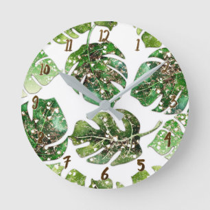 Tropical Glam Gold Glitter Palm Leaves Glamour Round Clock