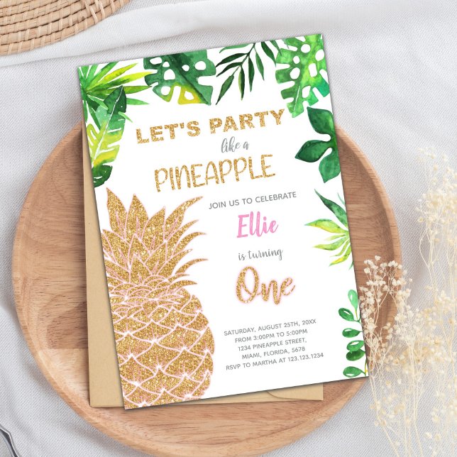 Tropical Glam Summer Party Card (Golden Glitter Pineapple Invitations)