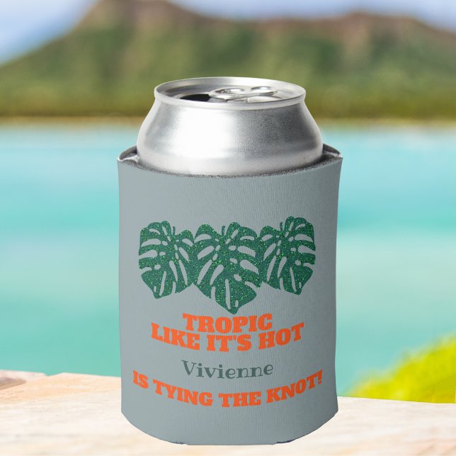 Tropical Glitter Monstera Bachelorette Favour  Can Cooler (Tropical Bachelorette Party favor Tropic Like It's Hot She is tying the knot glitter monstera leaves)