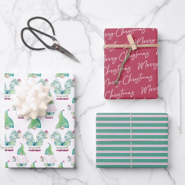 Tropical Gnome and Cute Pattern Watercolor Wrapping Paper Sheet (Front)