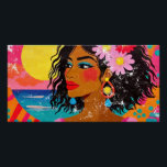 Tropical Goddess - Vibrant Pop Art Poster<br><div class="desc">A stunning pop art retro-inspired portrait featuring a woman with flowing dark hair adorned with tropical flowers. Adds a burst of colour and positive energy. A scuffed paper effect completes the retro look.</div>
