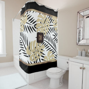 Tropical Gold and Black Palm Leaf Design Shower Curtain