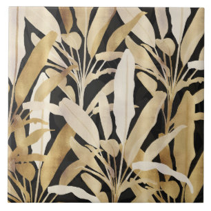 Tropical Gold Banana Leaves Black Pattern Ceramic Tile