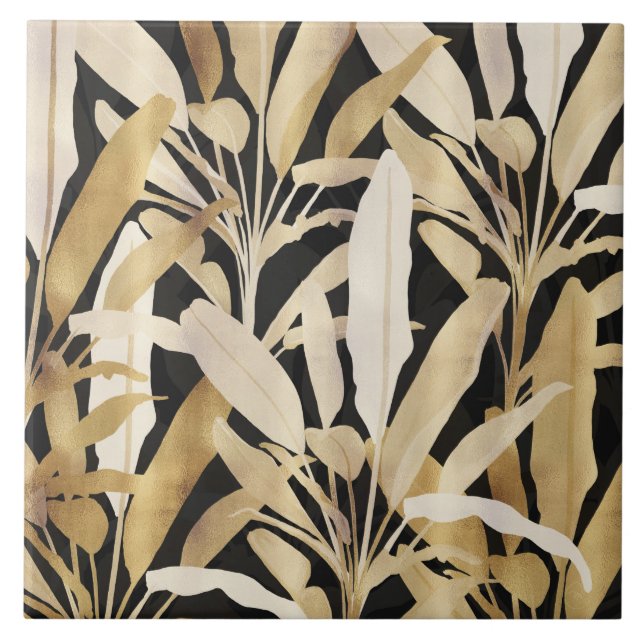 Tropical Gold Banana Leaves Black Pattern Ceramic Tile (Front)