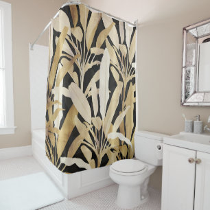 Tropical Gold Banana Leaves Black Pattern Shower Curtain