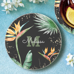Tropical Gold Black Floral Foliage Monogram Script Coaster